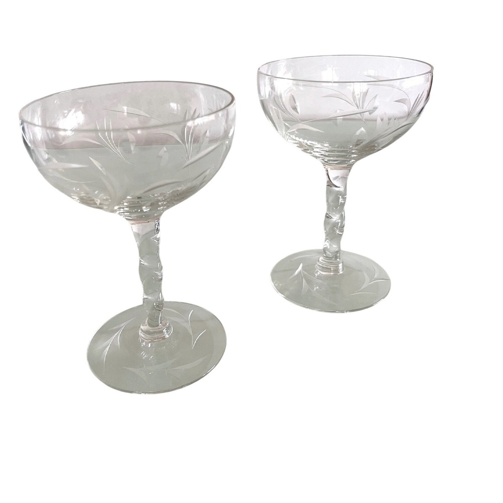 Vintage MCM Etched Crystal Champagne Coupe Glasses Set of 2 Twisted Stem Clear